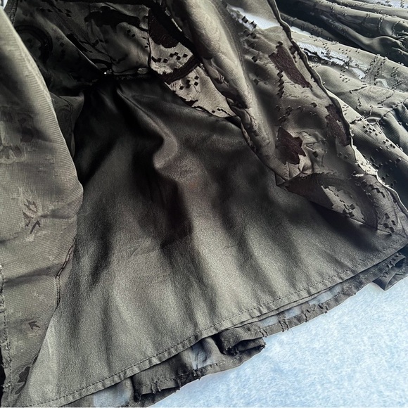 Women’s Black Sheer Embroidered Mini Dress Ruffle Hem Long Sleeve Button Up - Picture 6 of 15